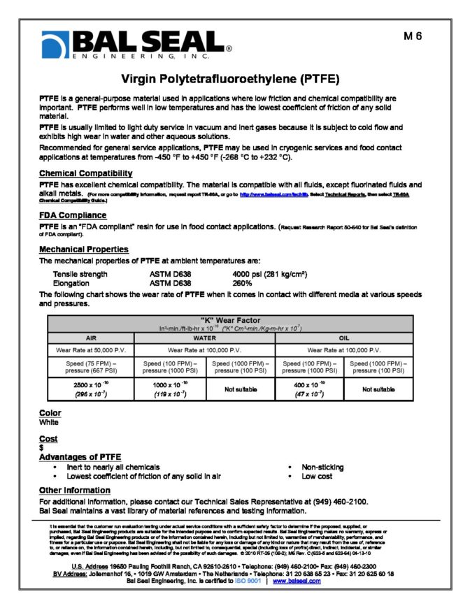 Polytetrafluoroethylene (PTFE) | Seal Materials | Bal Seal Engineering